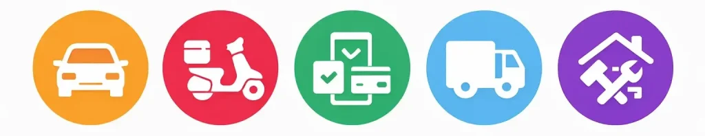 Icons representing super app services including ride hailing, food delivery, digital payments, logistics and home services