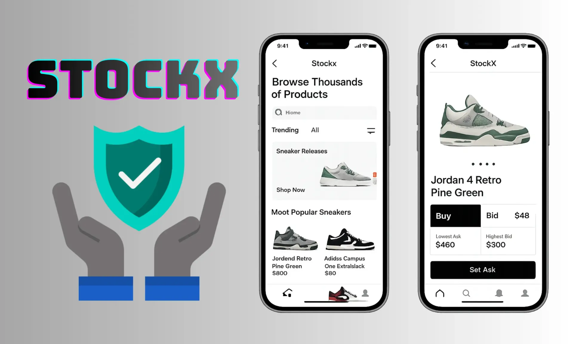 StockX sneaker marketplace mobile app interface with secure buying, bidding, and product browsing features