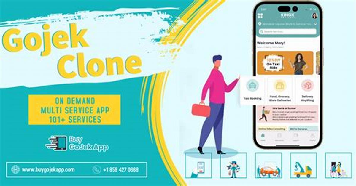 Multiple smartphones displaying super app services with food delivery, home services, logistics and wellness features