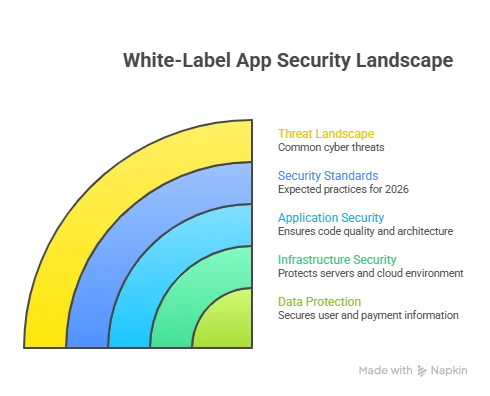 White-label app security landscape infographic showing threat landscape, security standards, application security, infrastructure security, and data protection layers.