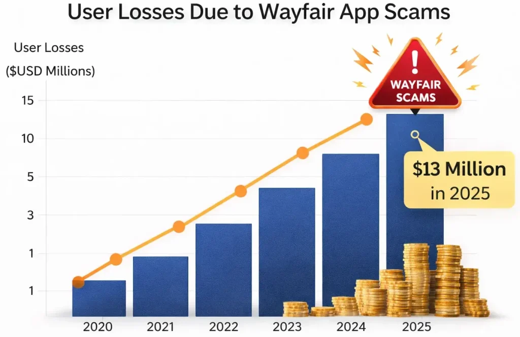 Bar chart showing user losses due to Wayfair app scams from 2020 to 2025 reaching $13 million in 2025