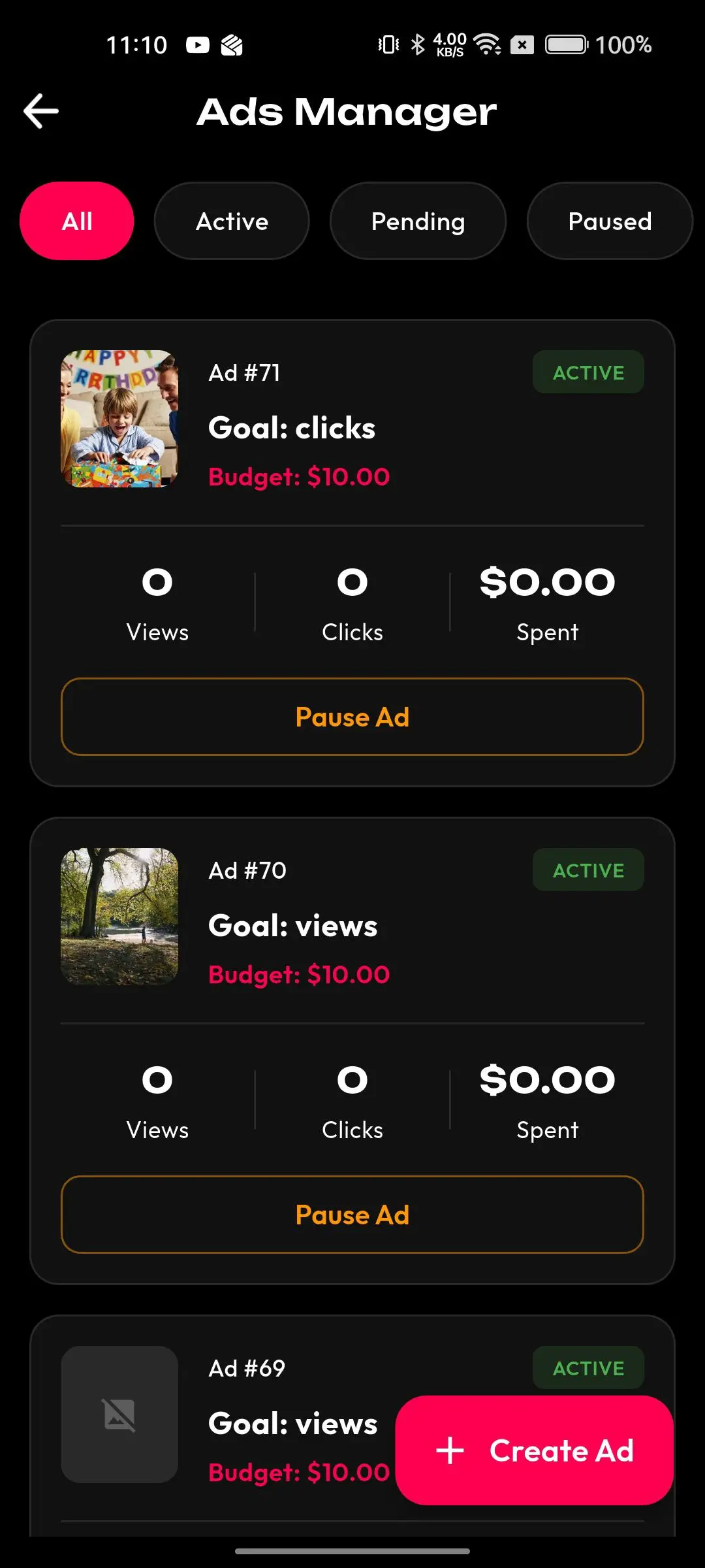 TikTok Clone 21 ads dashboard screen