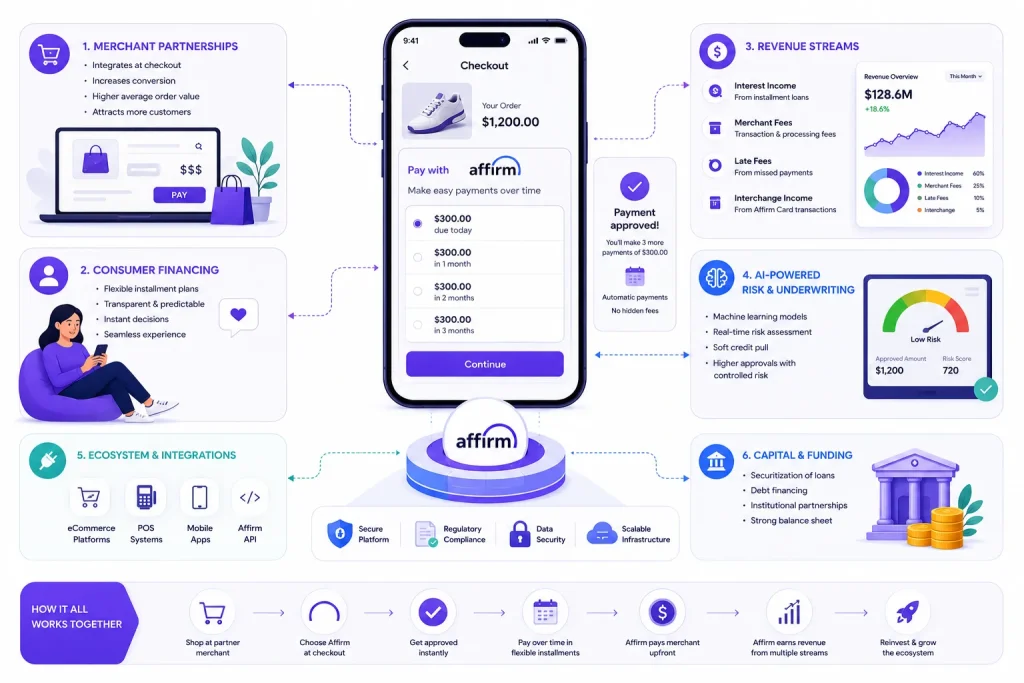 Affirm BNPL business model infographic showing merchant partnerships, consumer financing, revenue streams, AI underwriting, and installment payment system