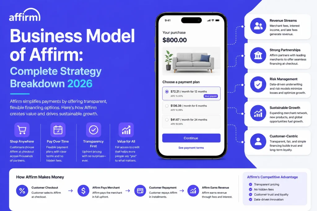 Affirm business model infographic showing BNPL financing app, revenue streams, partnerships, risk management, and customer payment plans