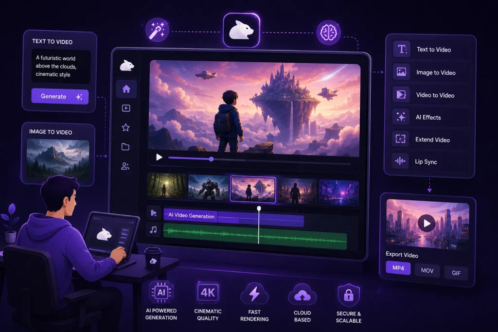 AI video generation platform inspired by Pika Labs with text to video, image to video, and cinematic editing tools