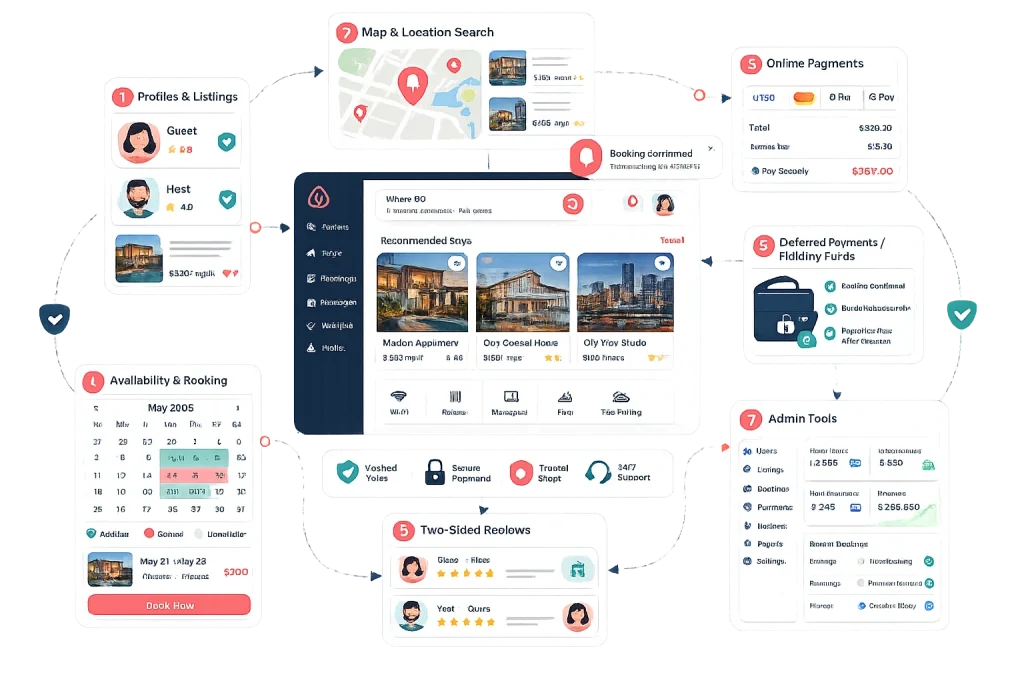 How to Build a Website Like Airbnb – Complete Guide 1 Vacation rental booking platform workflow and feature infographic