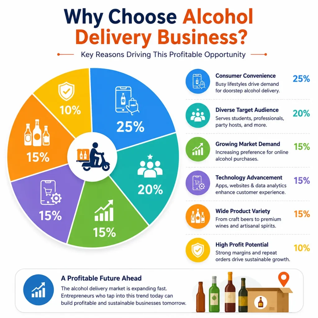 Why choose an alcohol delivery business infographic showing market growth and customer demand