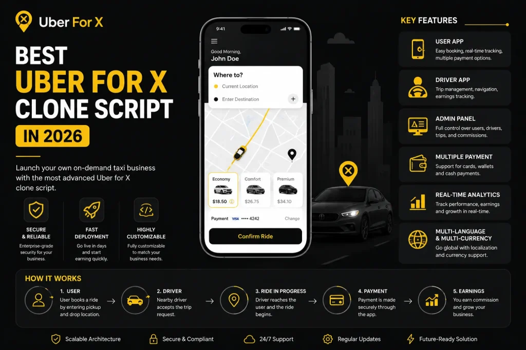 Uber for X clone script illustration with ride-booking app interface, driver management, admin dashboard, payments, and real-time ride tracking