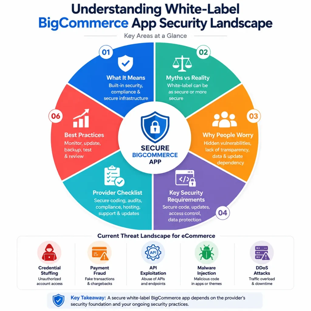 Infographic explaining white-label BigCommerce app security landscape, including security requirements, ecommerce threats, compliance, provider checklist, and security best practices.