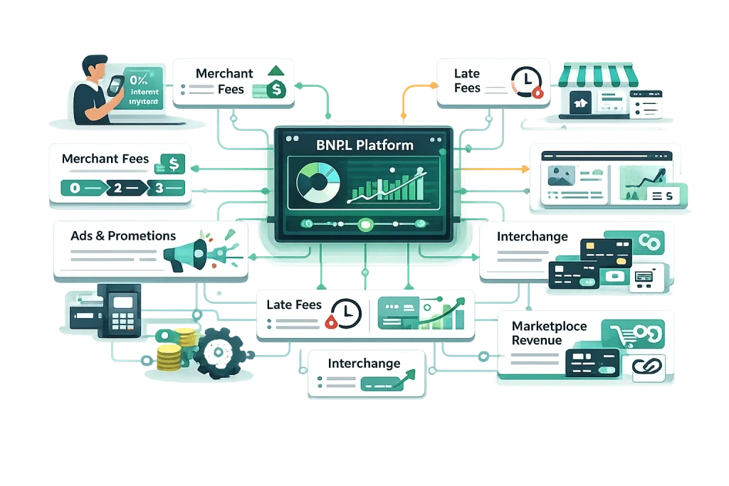 BNPL platform revenue model infographic showing merchant fees, late fees, interchange income, marketplace revenue, and advertising streams.