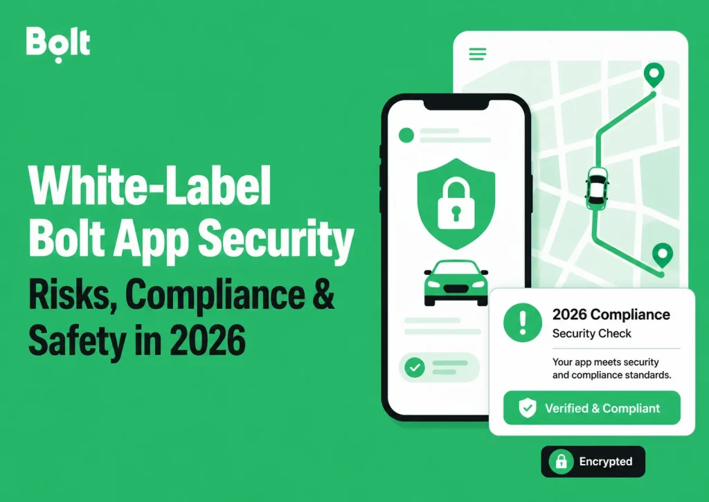 Infographic showing white-label Bolt app security with encrypted ride-hailing platform, compliance check, risk protection, and safety verification.