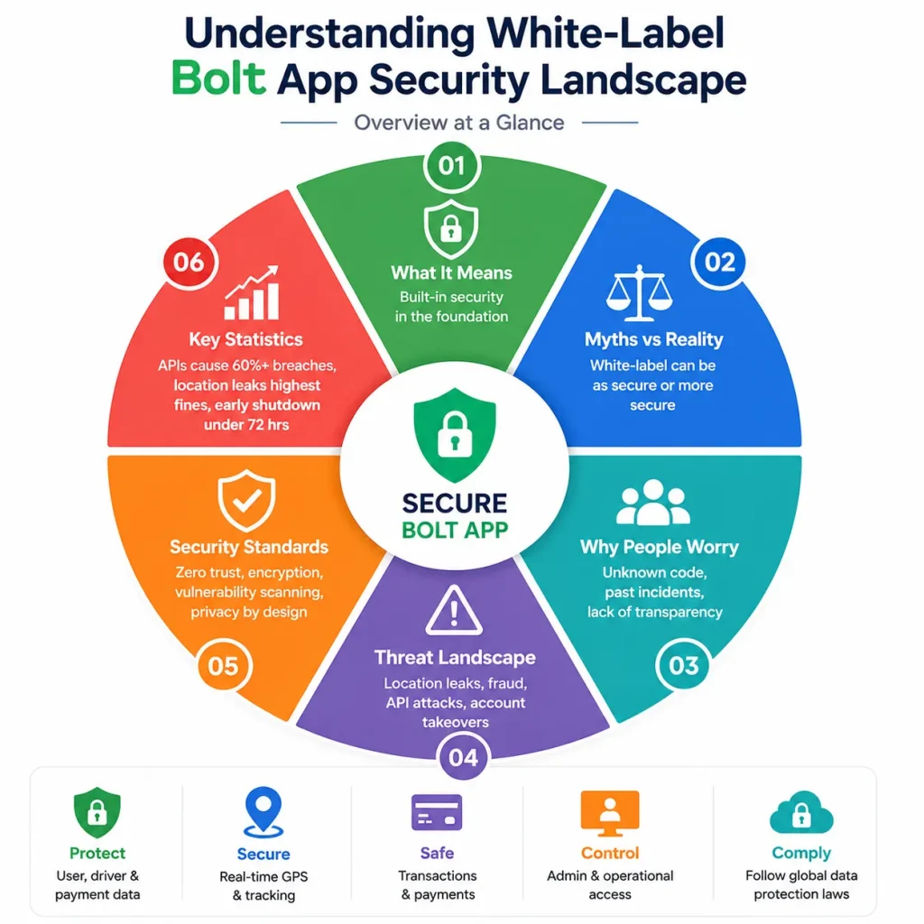 Infographic explaining white-label Bolt app security landscape with risks, security standards, compliance, API threats, and data protection.