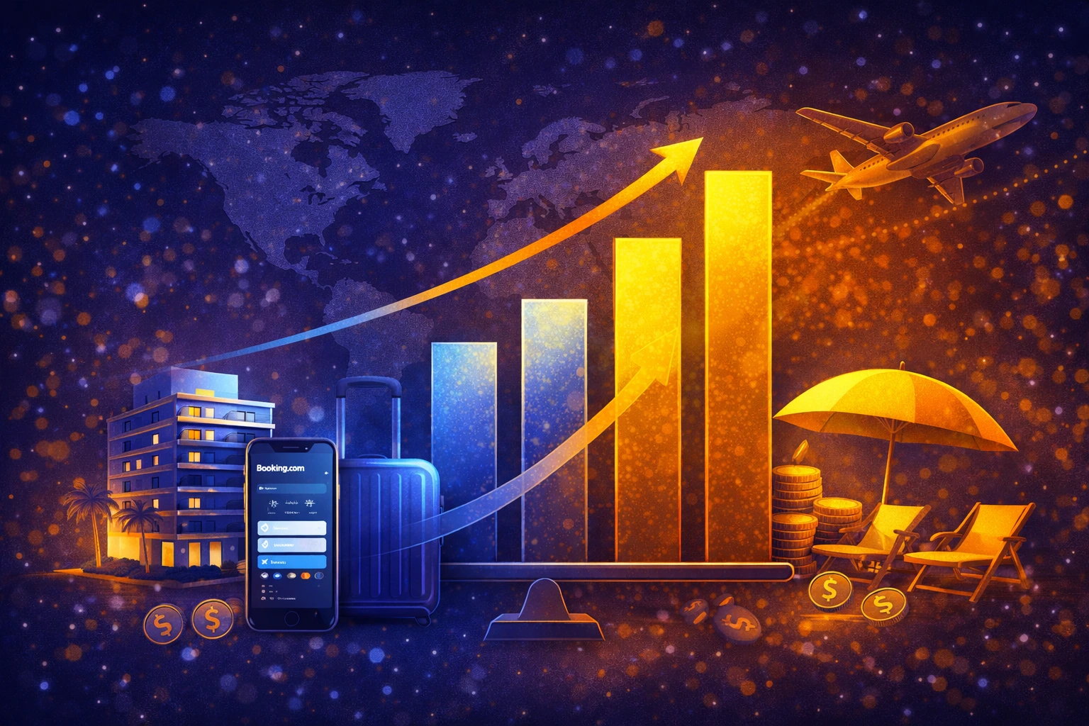 Illustration of a global travel booking platform with hotels, flights, and financial growth elements.