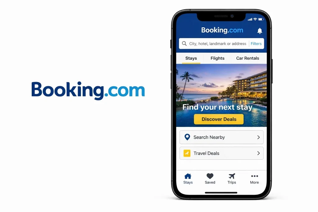 Booking.com mobile app interface showing hotel search and travel deals for stays and flights.