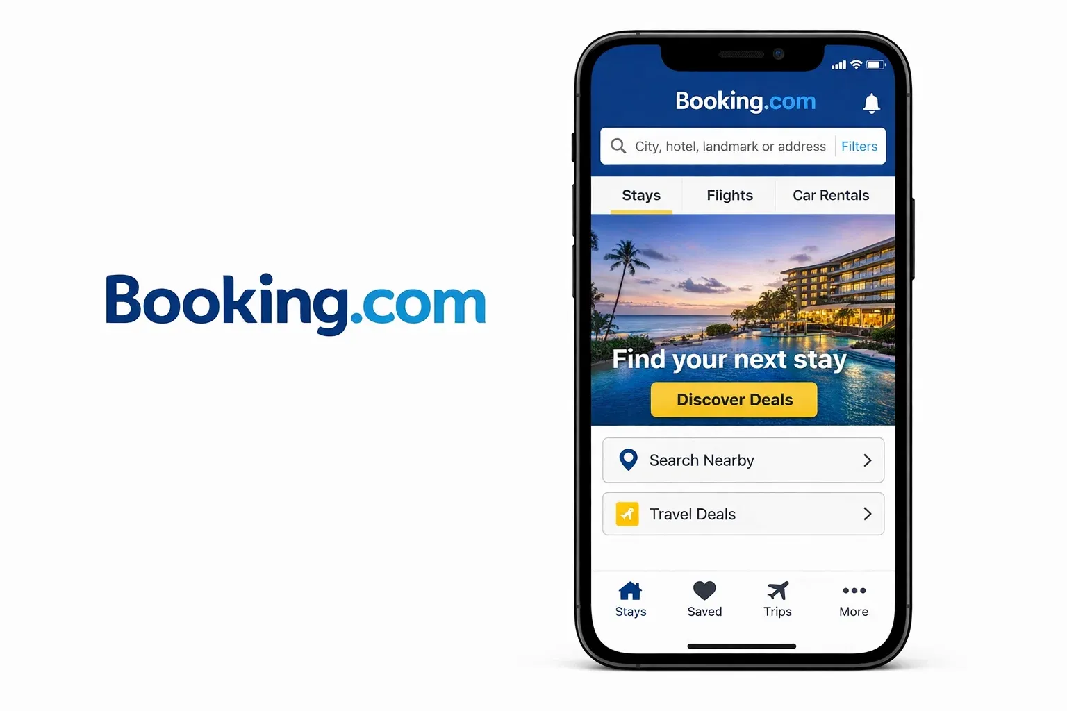 Booking.com mobile app interface showing hotel search and travel deals for stays and flights.