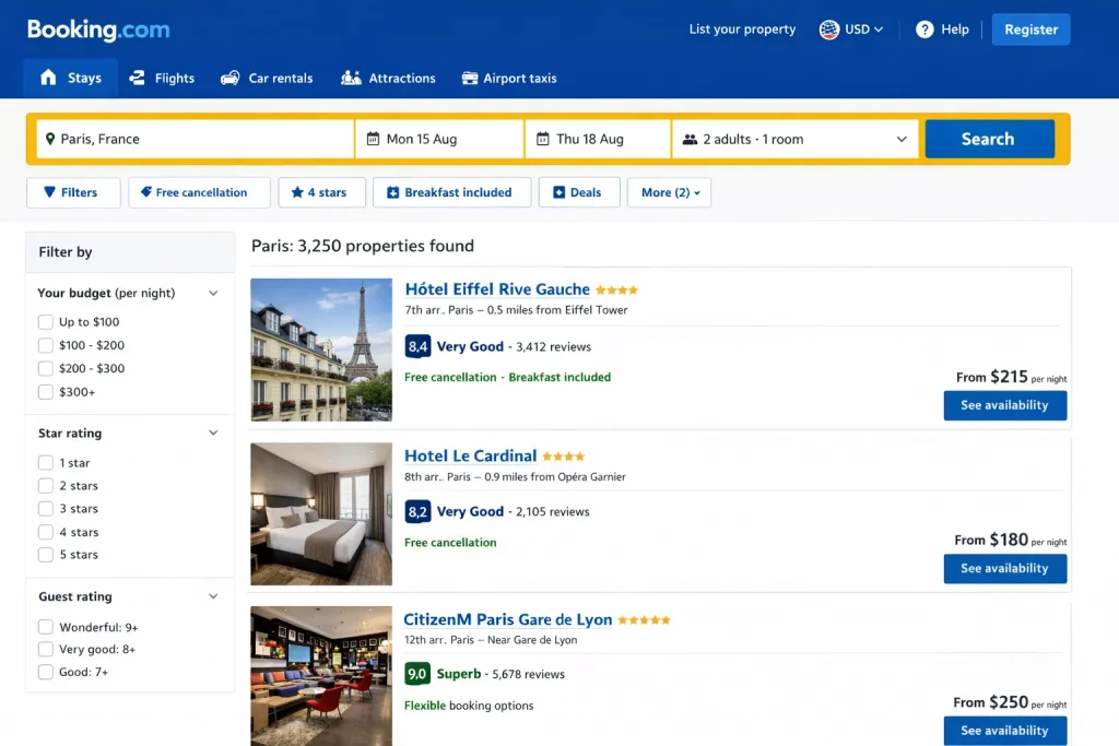 Booking.com hotel search results page showing hotels in Paris with prices, ratings, and filters