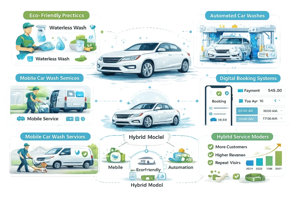 Car wash business trends infographic with mobile services, automation, eco-friendly practices, and digital booking systems