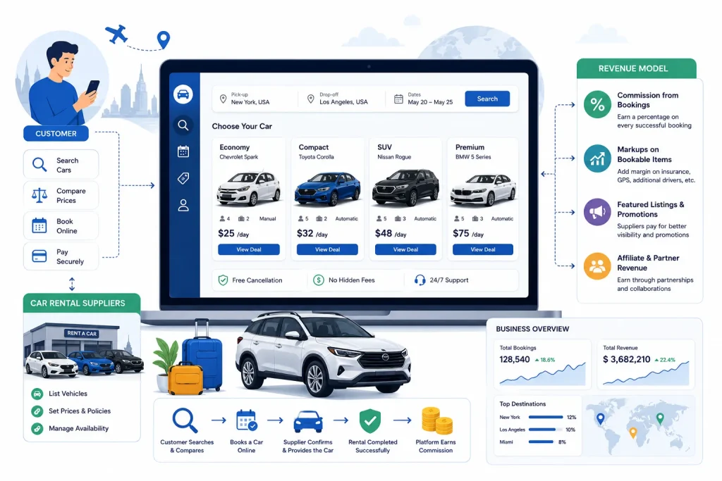 Business Model of Rentalcars : Complete Strategy Breakdown 2026 1 Car rental booking platform dashboard with vehicle listings, online reservations, supplier management, and revenue model overview