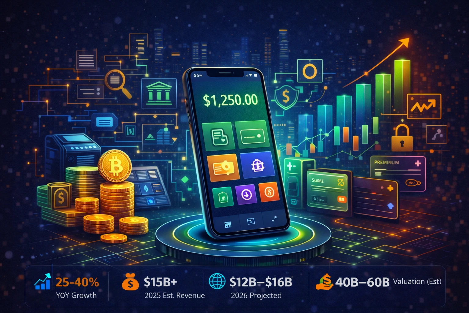Futuristic fintech payment ecosystem with smartphone digital wallet, financial analytics, cryptocurrency icons, and secure payment infrastructure.