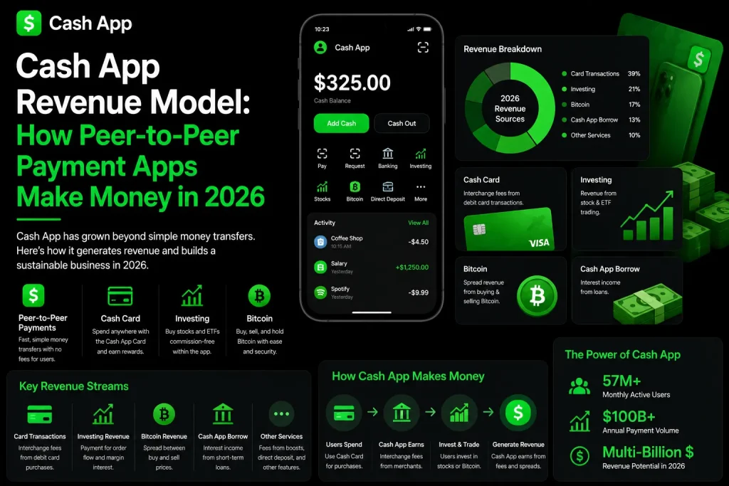 Cash App revenue model infographic showing peer-to-peer payments, Bitcoin, investing, and card transaction income streams