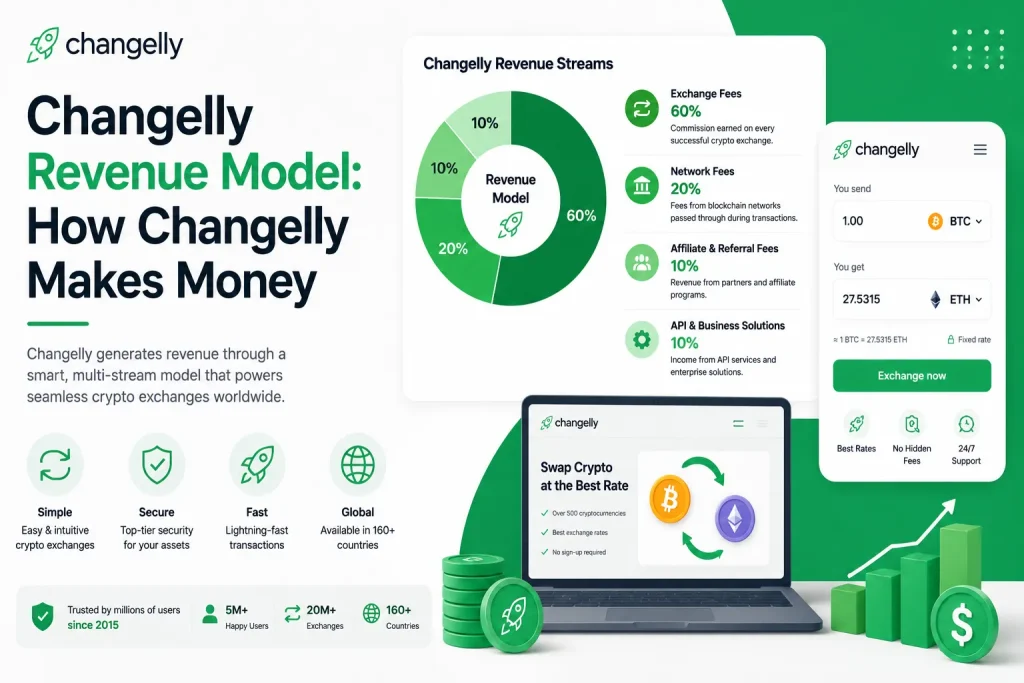 Changelly revenue model showing crypto exchange fees, network fees, affiliate income, and API business solutions