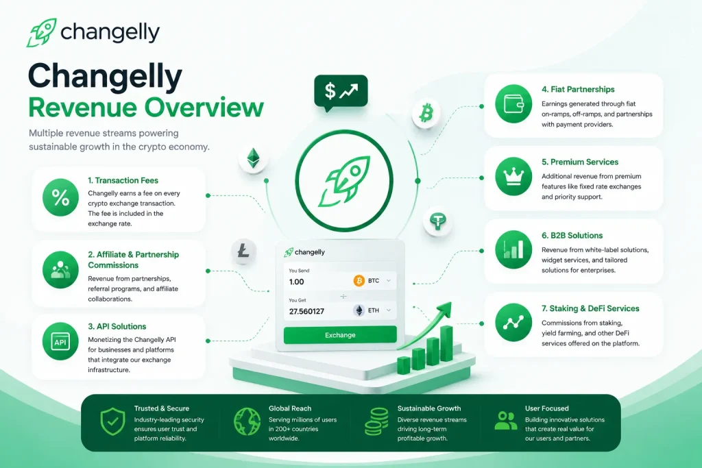Changelly revenue overview showing crypto exchange fees, API solutions, affiliate commissions, and DeFi services