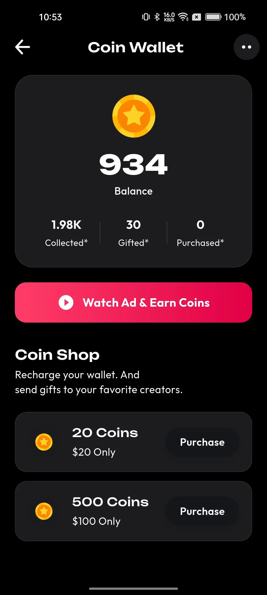 TikTok Clone 12 coin wallet screen