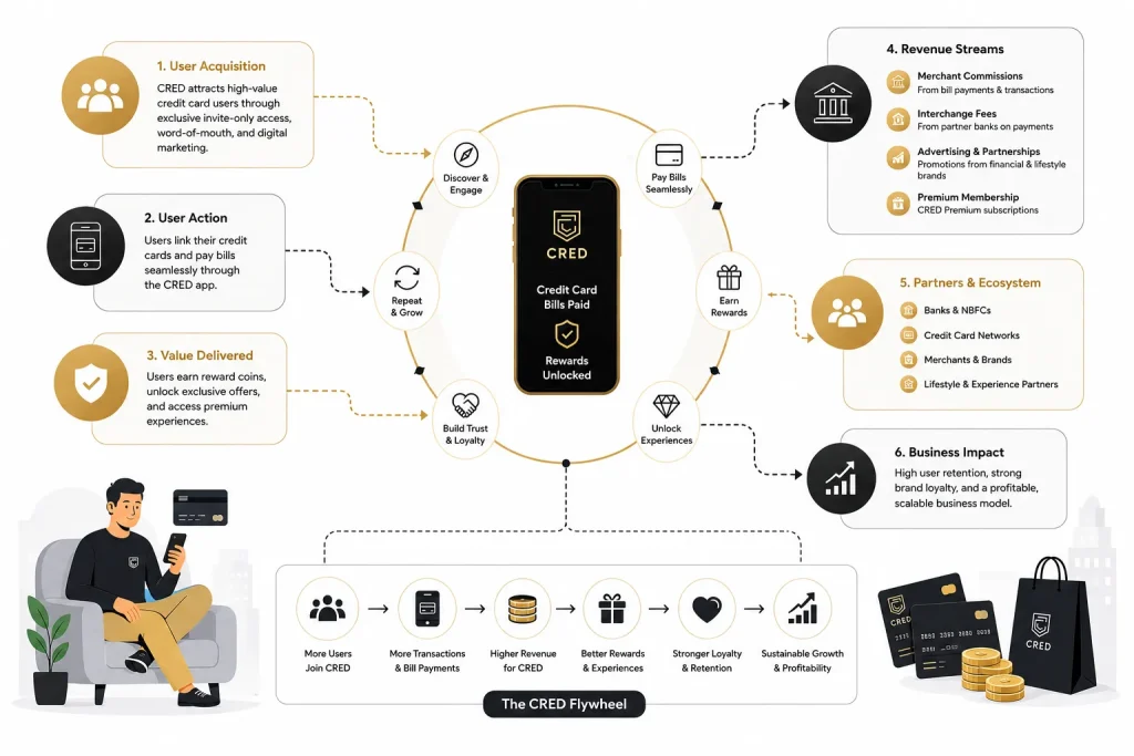 Business Model of CRED: Complete Strategy Breakdown 1 CRED business model flywheel infographic showing user acquisition, rewards ecosystem, revenue streams, and fintech growth strategy