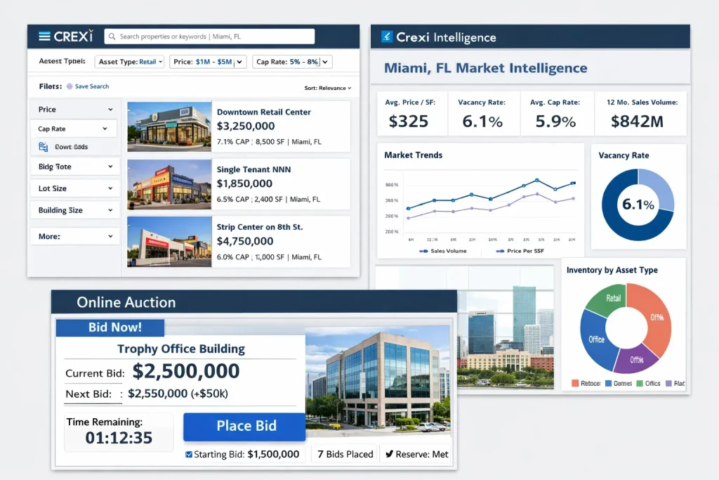 CREXI platform showing commercial property listings, market analytics, and online auction dashboard