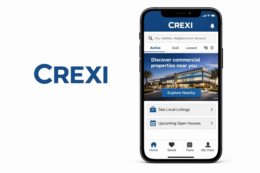 CREXI mobile app showing commercial real estate search and property listings