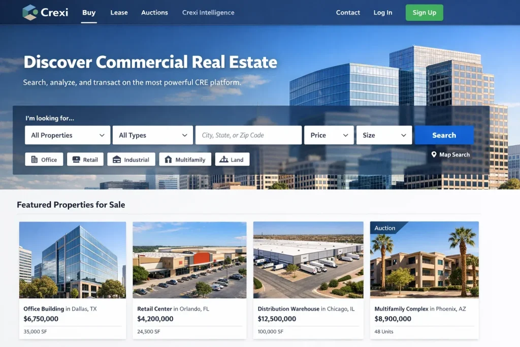 CREXI website showing commercial real estate search and featured property listings