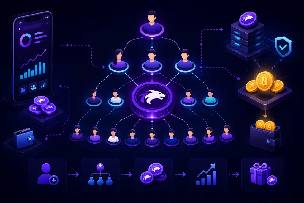 Decentralized crypto network ecosystem with referral structure, blockchain rewards, digital wallets, and community-based earnings