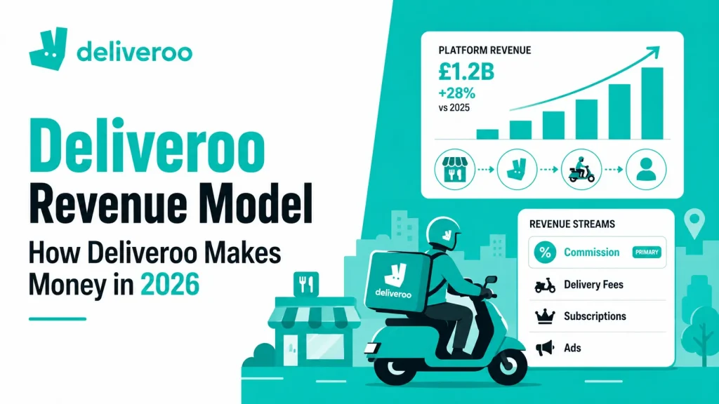 Infographic explaining Deliveroo revenue model in 2026 with delivery fees, restaurant commissions, subscriptions, ads, and platform revenue growth.