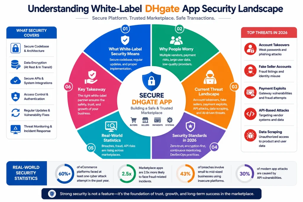 How Safe is a White-Label DHgate App? Security Guide 2026 1 Infographic explaining white-label DHgate app security landscape with secure codebase, data encryption, API protection, fraud risks, fake sellers, payment exploits, and data scraping threats.