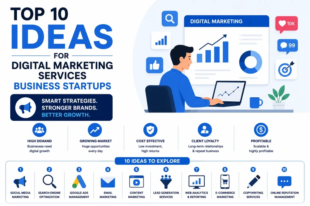Top digital marketing services business startup ideas infographic