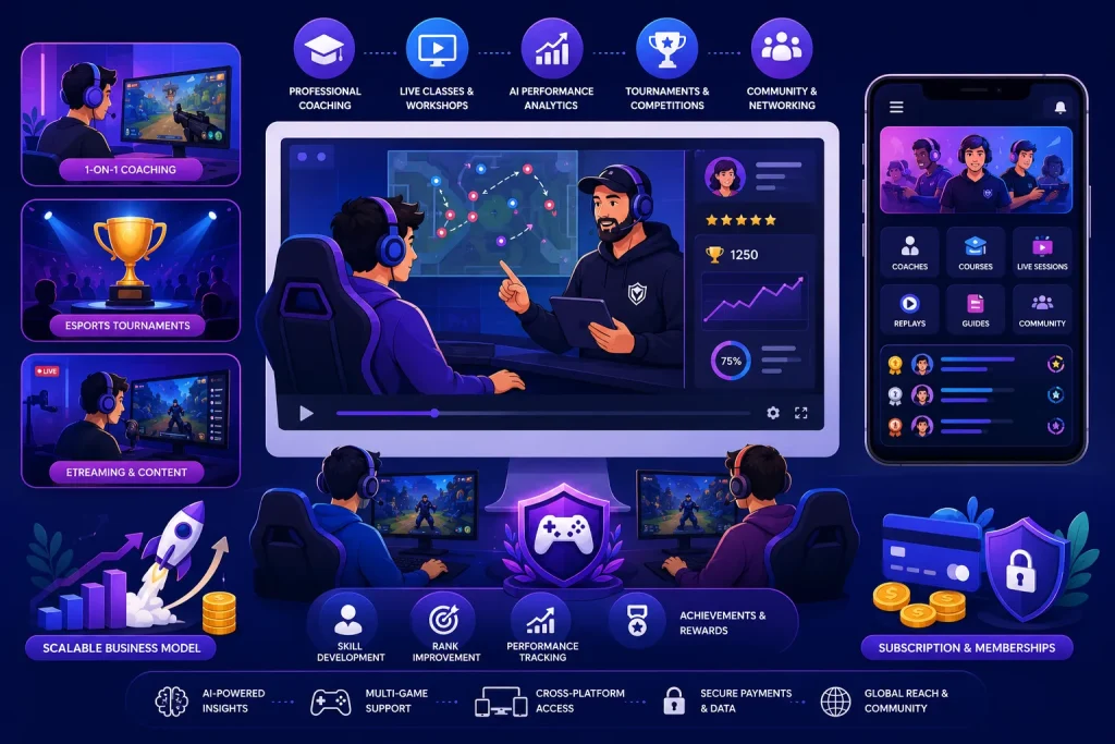 Modern esports coaching platform infographic showing gaming mentorship, tournaments, live classes, analytics, subscriptions, and community features