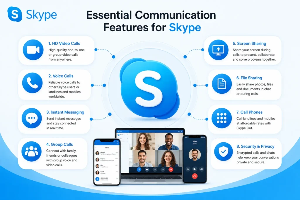 Top Features Every Skype Clone Must Have for 2026 1 Skype communication features including video calls, voice calls, messaging, screen sharing, and security