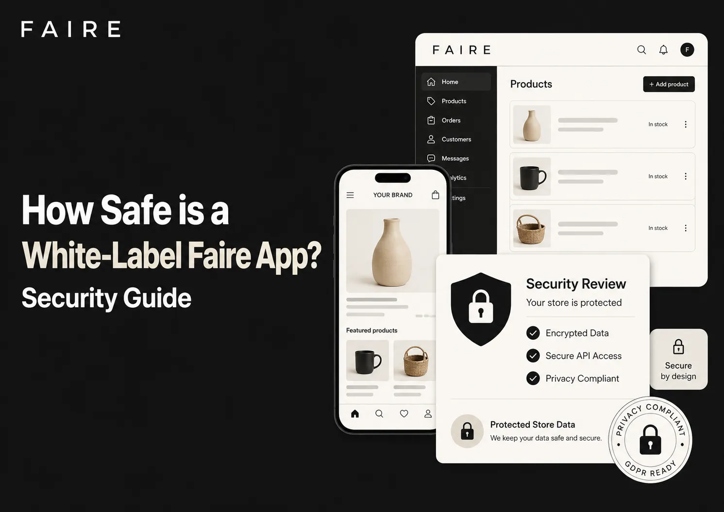 Infographic showing white-label Faire app security guide with encrypted data, secure API access, privacy compliance, protected store data, and secure marketplace dashboard.