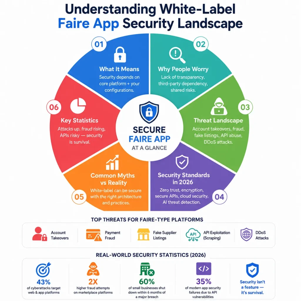 How Safe is a White-Label Faire App? Security Guide 1 Infographic explaining white-label Faire app security landscape with marketplace threats, account takeovers, payment fraud, fake supplier listings, API exploitation, and DDoS attacks.