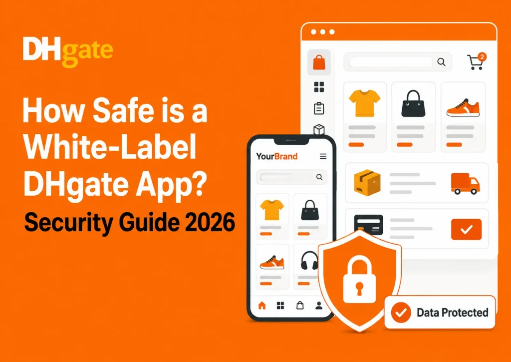 Illustration showing white-label DHgate app security with secure ecommerce marketplace interface, protected transactions, mobile shopping app, and data protection shield.