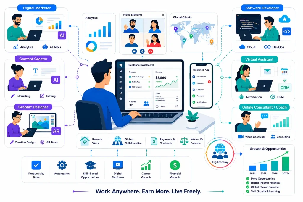 Digital freelance and gig economy ecosystem infographic with remote work platforms