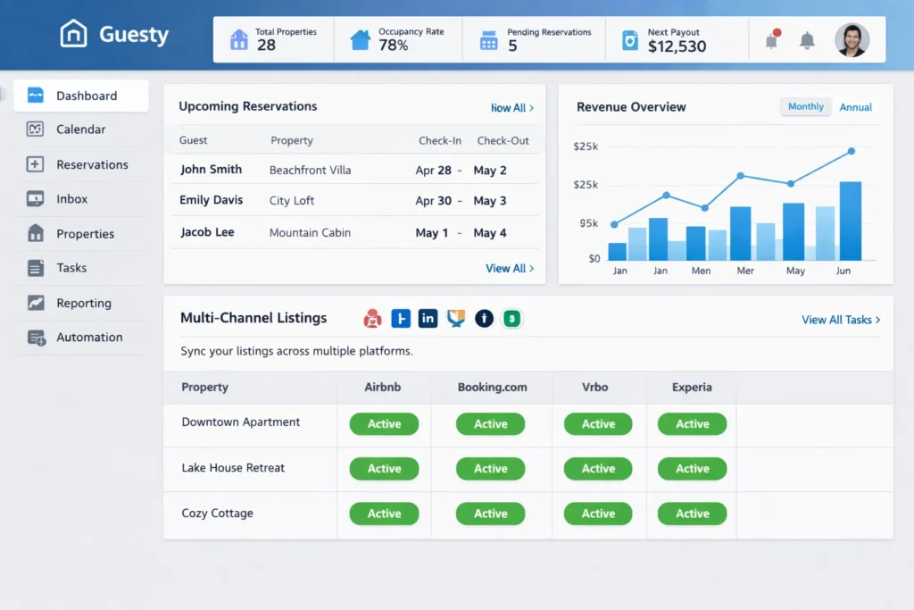 Guesty property management dashboard showing reservations, revenue overview, and multi-channel rental listings