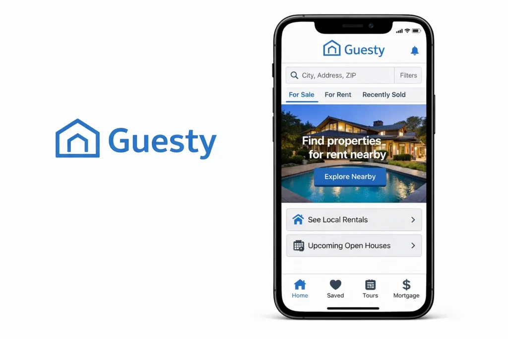 Guesty property management mobile app showing rental property search and local listings