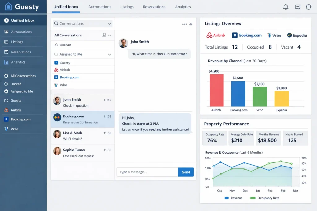 Guesty unified inbox dashboard showing guest messages from Airbnb, Booking.com, and Vrbo with analytics.