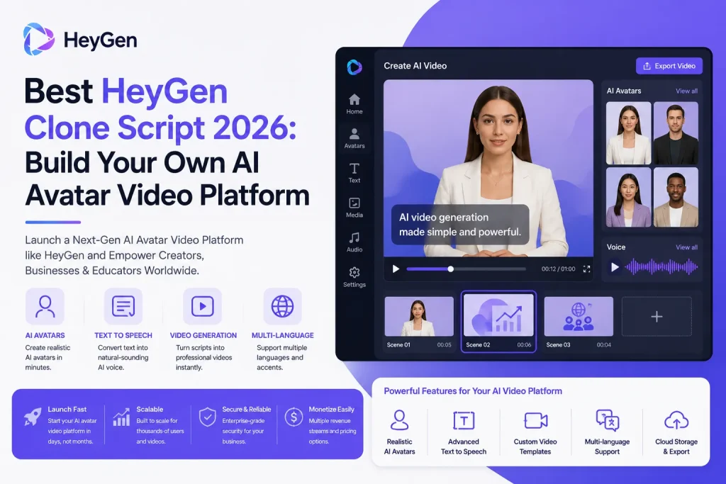 HeyGen clone script infographic showing AI avatar video platform, text to speech, video generation, multilingual support, and AI video editing dashboard