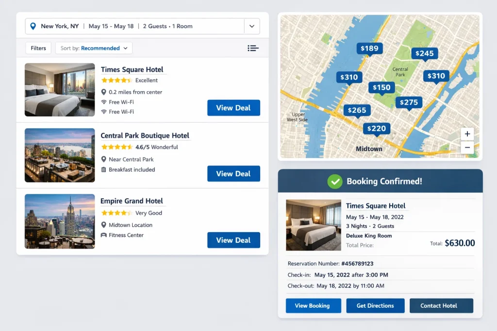 Hotel booking platform showing search results, map with hotel prices, and booking confirmation details