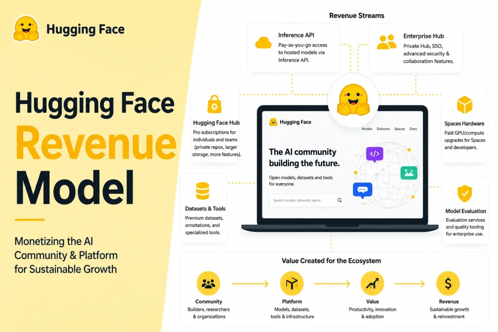 Hugging Face revenue model infographic showing AI platform monetization, inference API, enterprise hub, and datasets tools