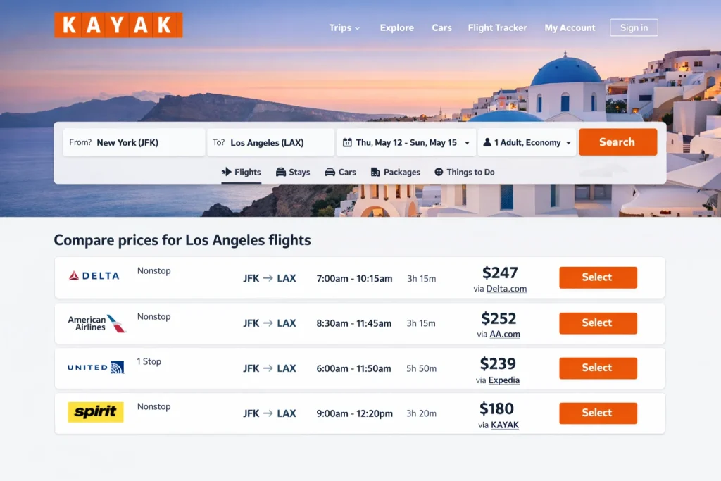 KAYAK flight comparison results showing prices from New York to Los Angeles with multiple airlines.