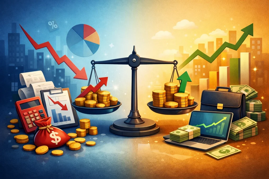 Abstract illustration of travel search platform monetization with growth signals and digital ecosystem elements