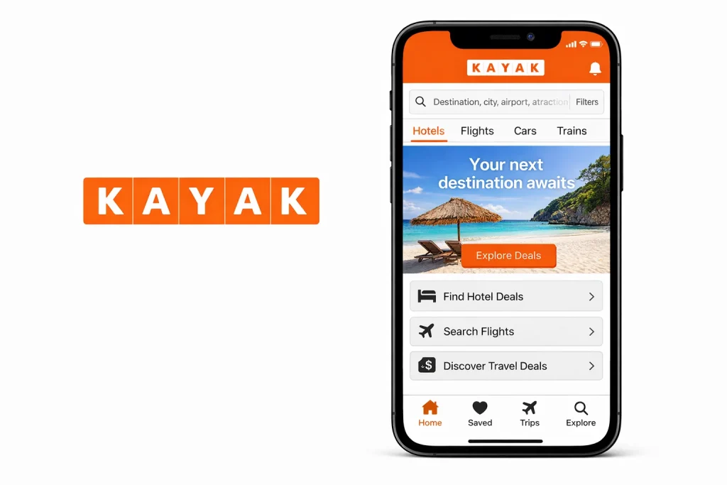 KAYAK travel app showing hotel deals, flight search, and travel booking interface.